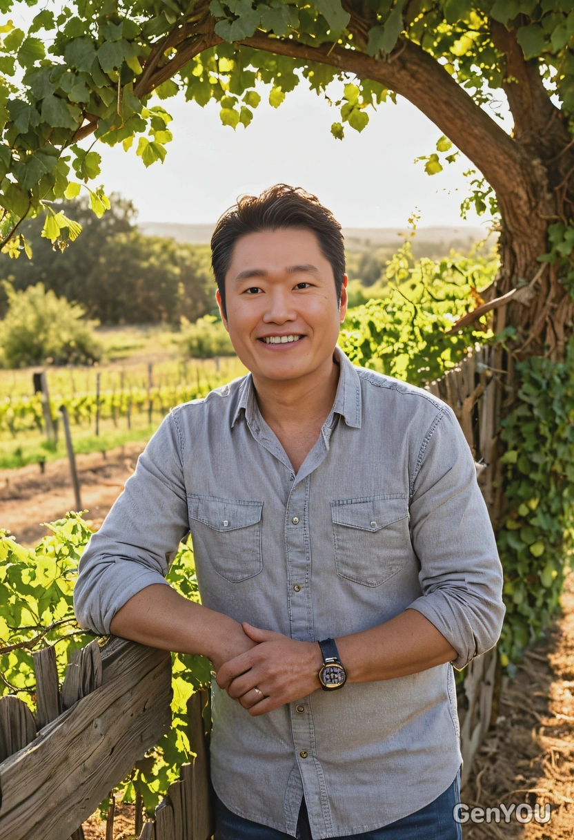 as a man in casual clothes, leaning against a rustic wooden fence in a vineyard at golden hour, surrounded by grapevines and soft sunlight, half body portrait 