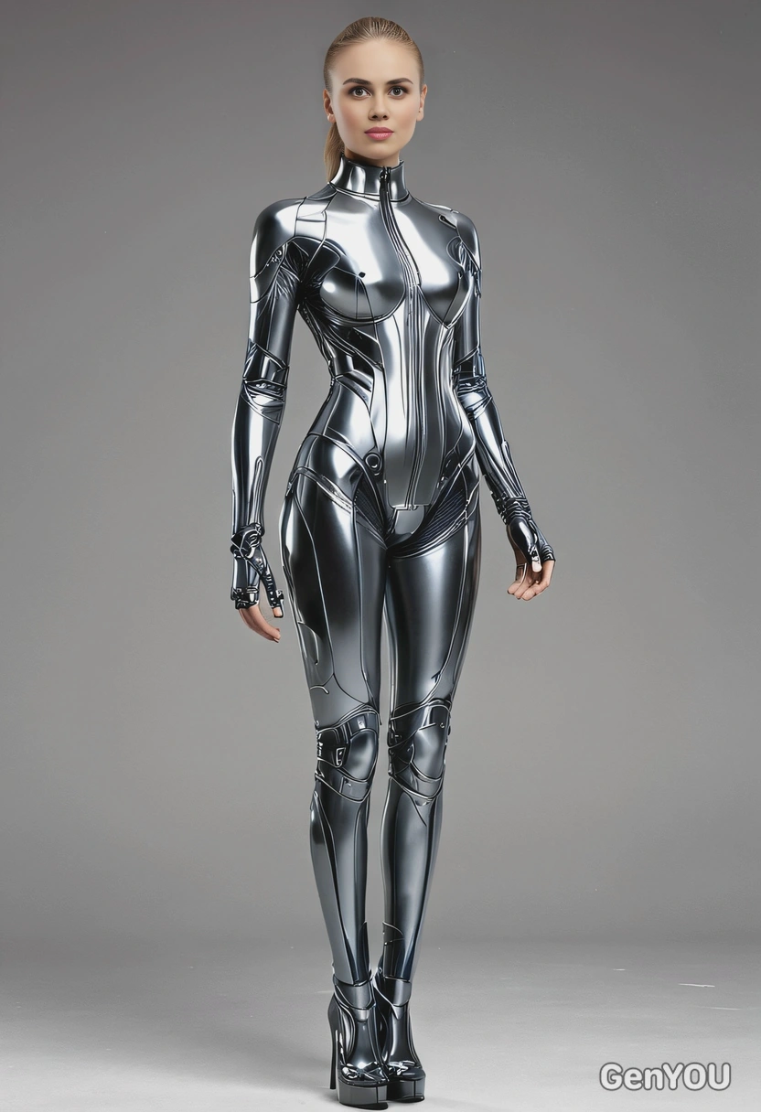 standing as a mannequin, dressed in exquisite futuristic clothing, full body image