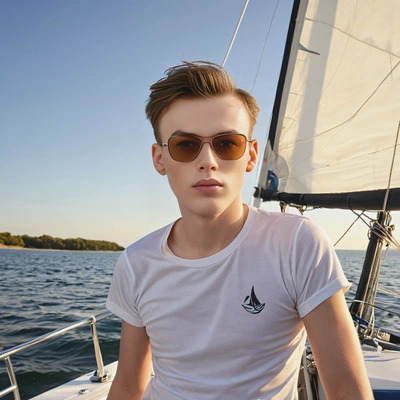As a sailing participant, wearing the sunglasses, warm light 