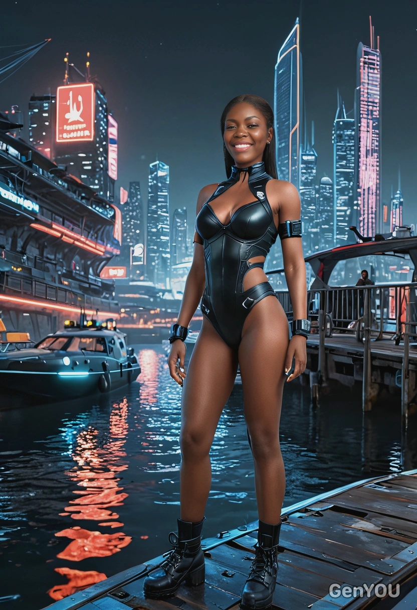 standing at a futuristic dock, glowing boats in the distance, in cyberpunk clothes