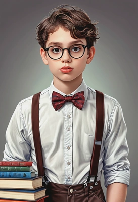 @me as a nerdy kid with large round glasses, braces, and a stack of books, wearing suspenders, a bowtie, symmetrical clothing details, cartoon style, high-quality stylized fanart