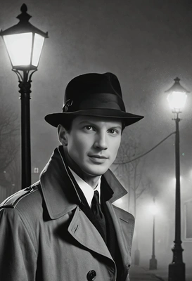 black and white mid-shot of a suave 1940s film noir detective in a fedora and trench coat under a streetlamp on a foggy night 
