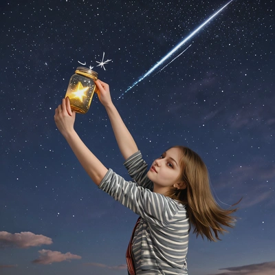 holding a jar as a shooting star flies across the sky