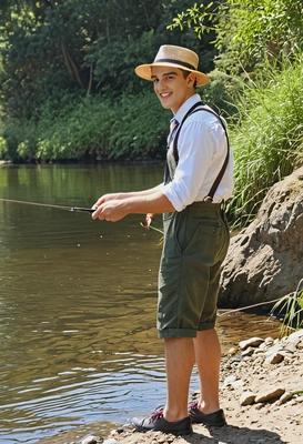 in a straw hat and suspenders fishing peacefully from a riverbank on a sunny afternoon