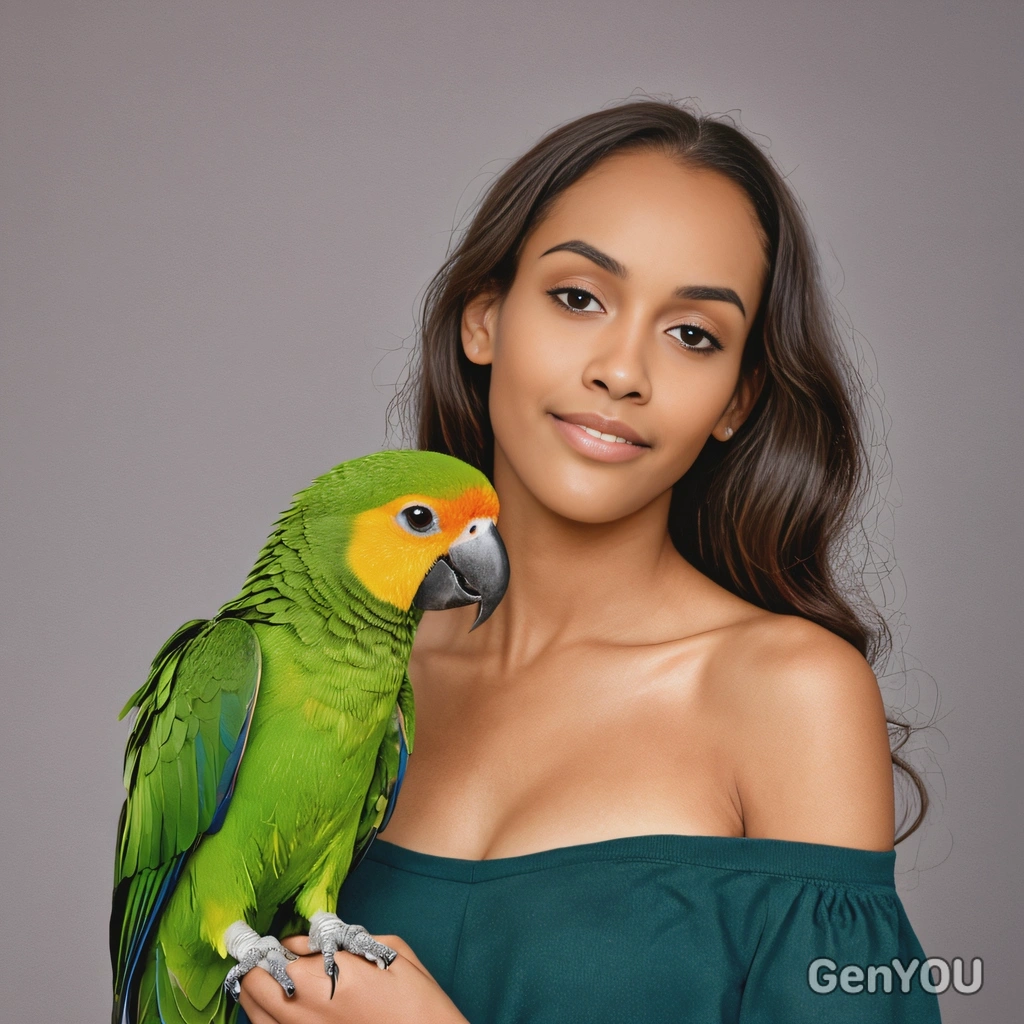 with a parrot on her shoulder 