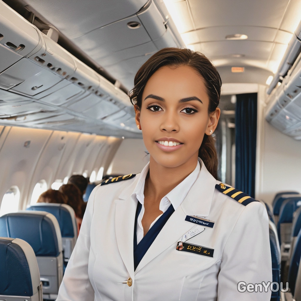 as an airline flight attendant in a crisp uniform, standing in the aisle of an airplane, ready to assist passengers during a flight, half body 