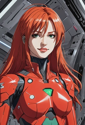 2D anime style, cel-shaded sci-fi, bold ink outlines, In Evangelion anime as Asuka Langley Soryu, confident smirk, oversized anime eyes, long fiery red hair, wearing her red plugsuit, standing in front of a massive EVA unit, waist-up frame