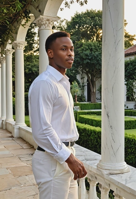 High end headshot as a man in white shirt, leaning against a marble column in a lavish courtyard