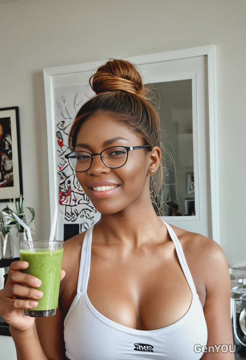 drinking smoothie, long hair in updo, artistic photo, symmetrical details, white-framed eyeglasses, sports bra, sharp cheekbones