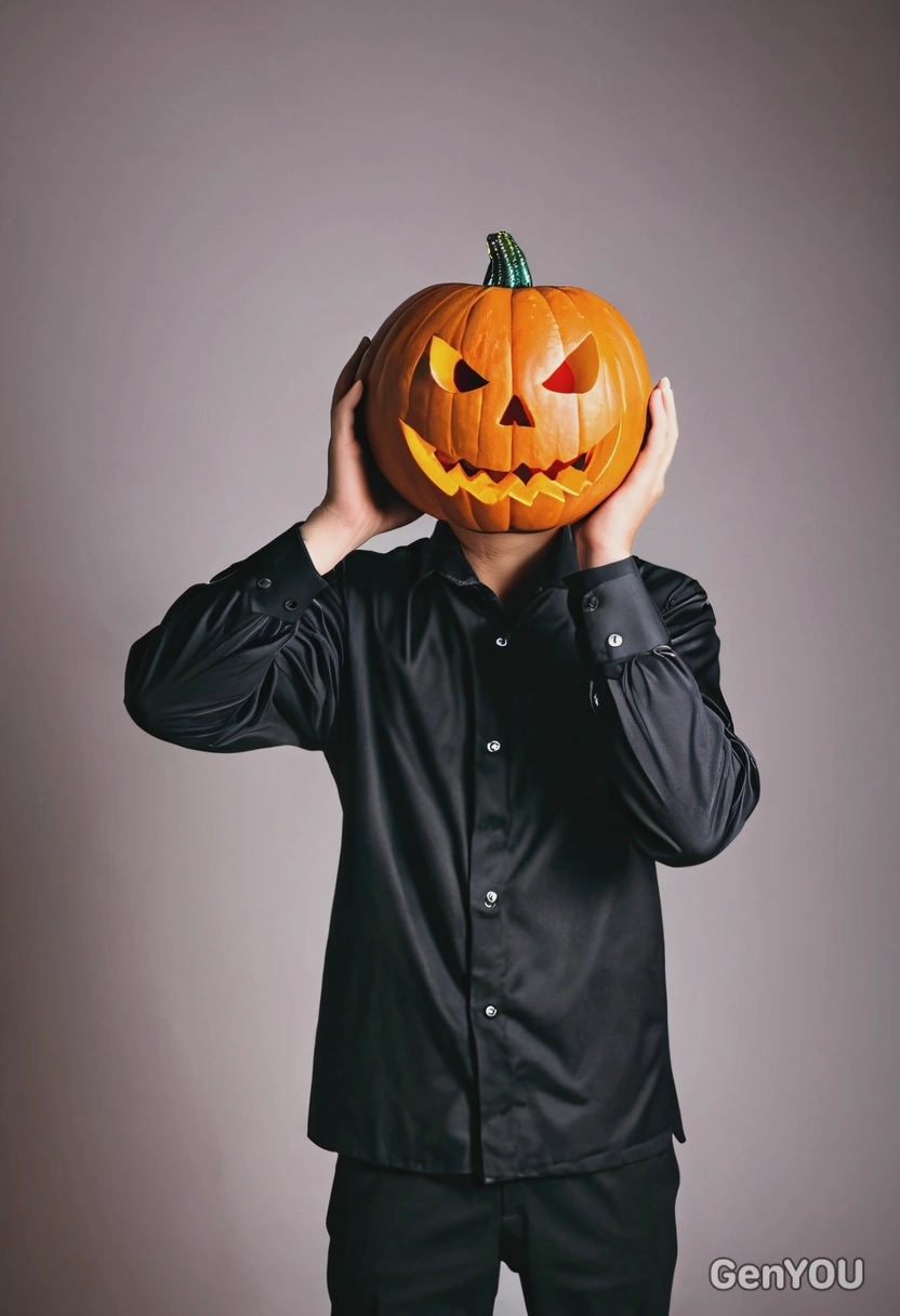 wearing a Halloween costume holding a pumpkin head in hands, blurred background, party lighting