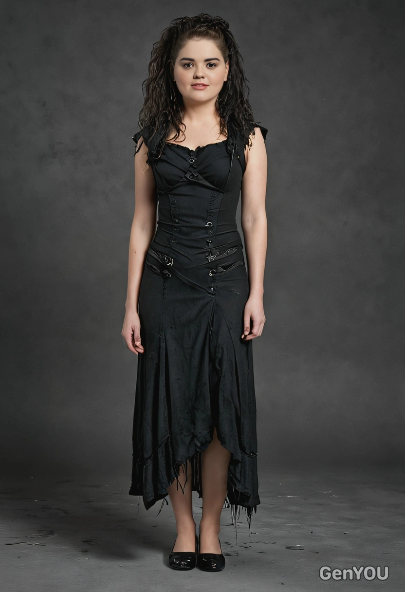 as Bellatrix Lestrange from Harry Potter, wearing a tattered black dress with dark, smudged makeup, standing in Azkaban, full body view 