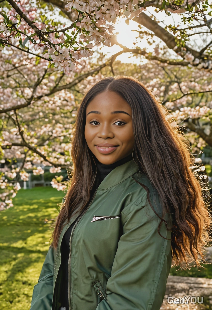 sharp skin texture details, mid-body photo, flight long hair, in a green jacket, standing near a sakura tree, golden hour