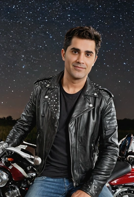 as a man in a leather jacket, leaning against an old motorcycle under a starry sky, with the moonlight casting a glow on his face