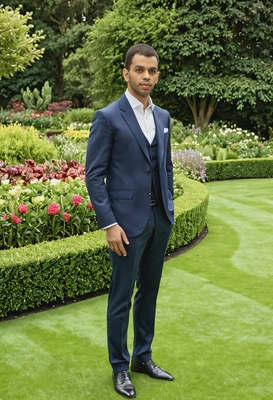 as a man, standing at the edge of a perfectly manicured lawn, wearing a tailored jacket, with an expansive garden view