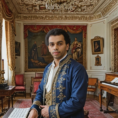 An 18th-century composer, in a lavishly decorated music room