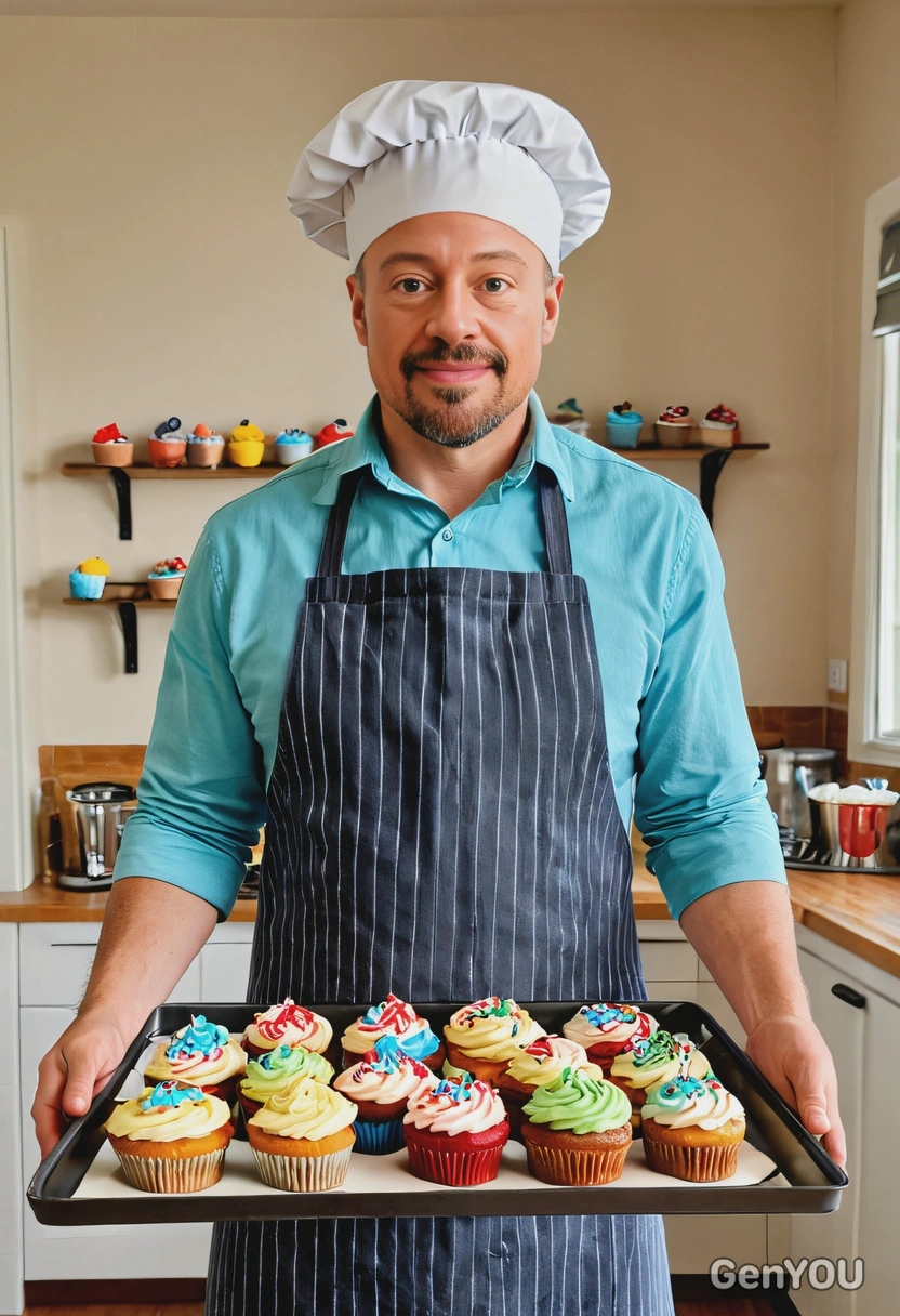 as a cheerful baker, apron, baker hat, holding a tray of freshly baked cupcakes, colorful kitchen, looking directly into the camera, symmetrical clothing details, cartoon style, high-quality stylized art