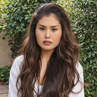 wavy, long hair with subtle ombré highlights, inspired by Olivia Rodrigo, soft focus, blurred background