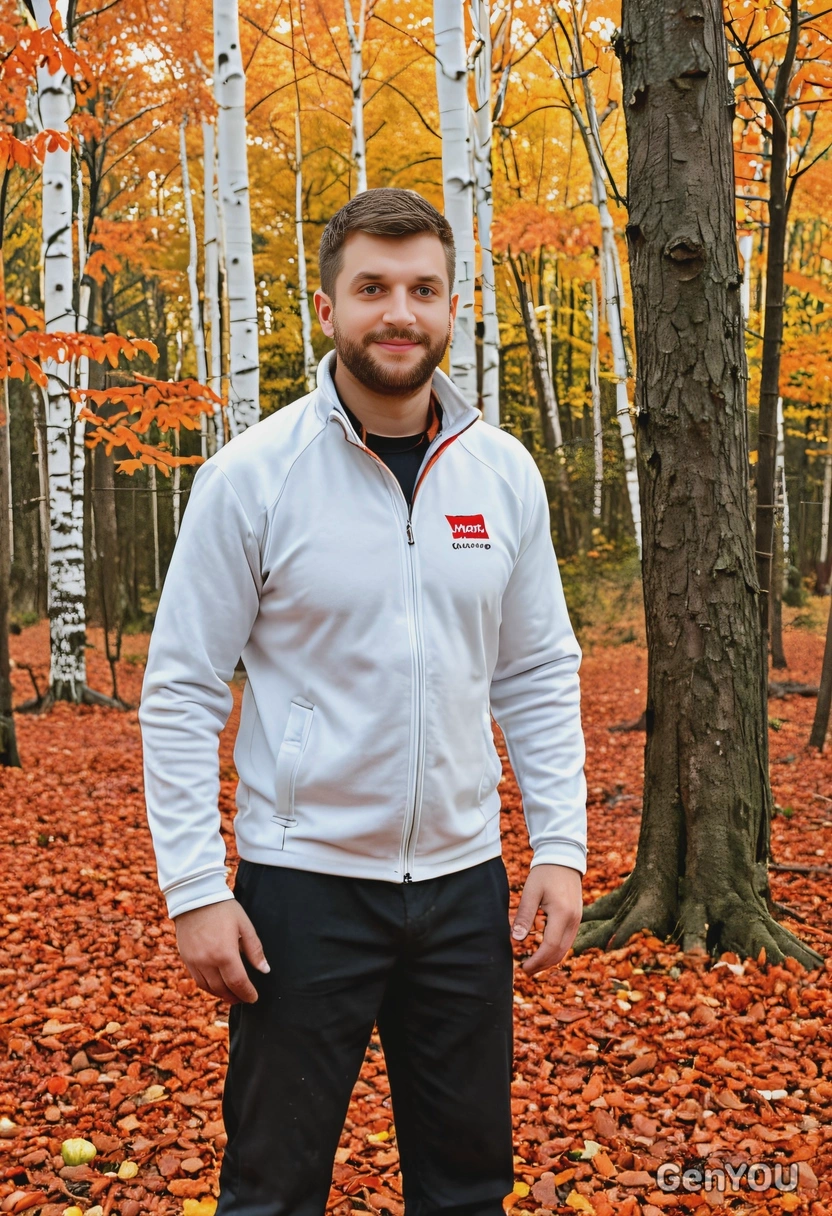 standing through a vibrant autumn forest, the ground covered in red and orange leaves