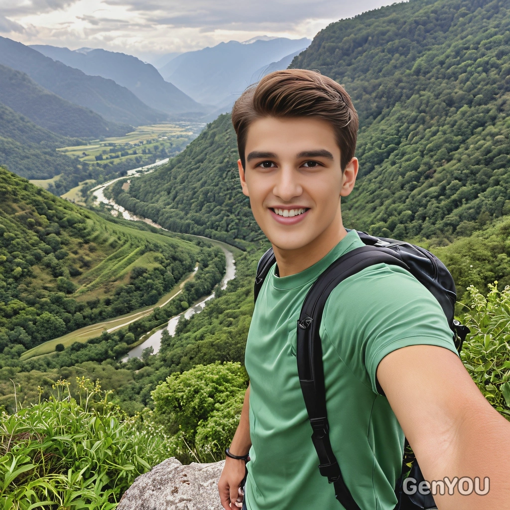 in lightweight hiking attire taking a selfie on a scenic overlook, the valley lush and green