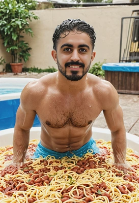 standing in a kiddie pool filled with spaghetti, blurred background, cinematographic style