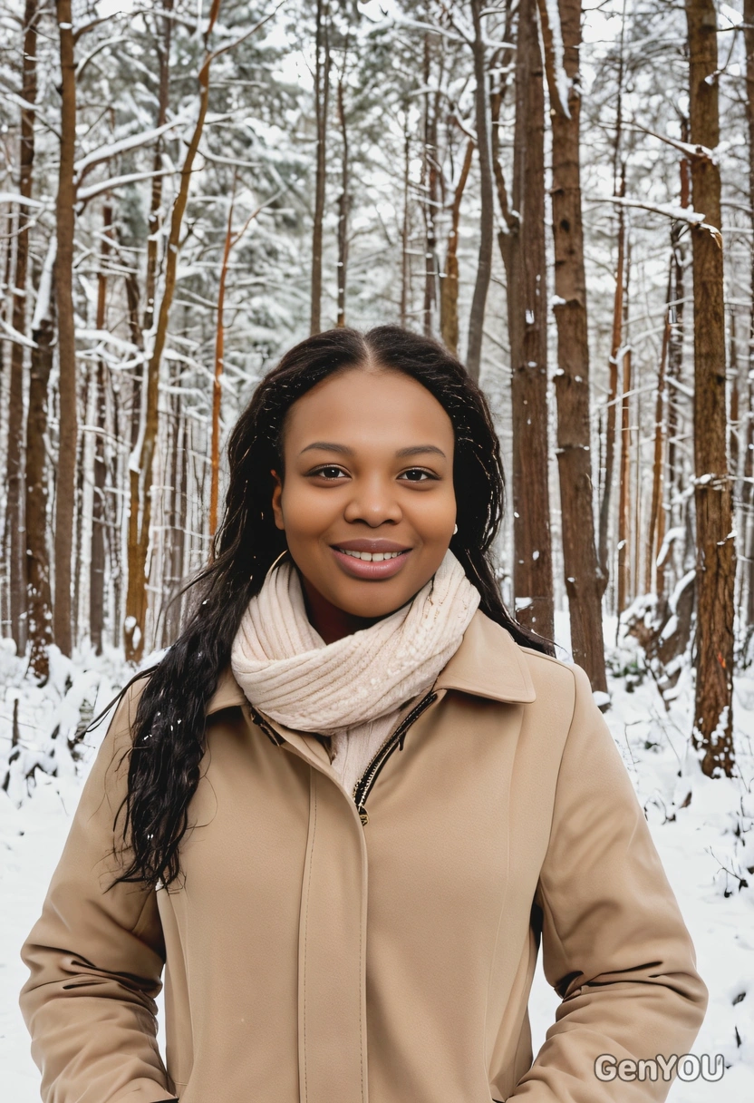 in a beige coat, smiling, standing amidst a snowy forest, hands in pockets, mid-shot 
