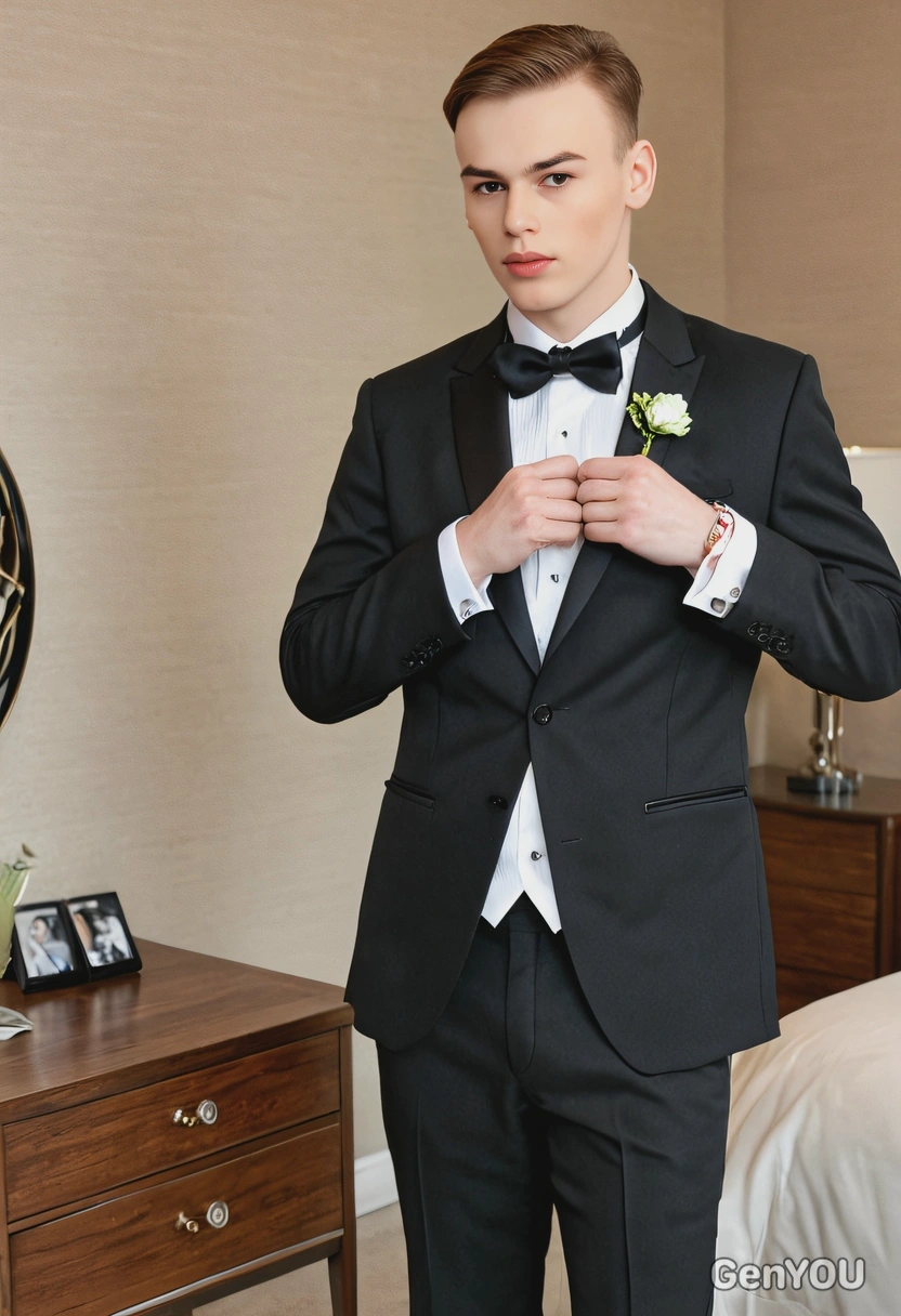 as the groom in a classic black tuxedo, adjusting his cufflinks in a stylish modern suite