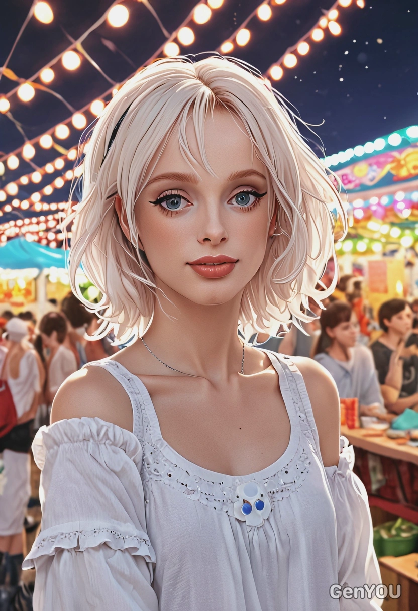 enjoying a summer festival, with vibrant festival lights and food stalls, anime style, big eyes, manga drawing