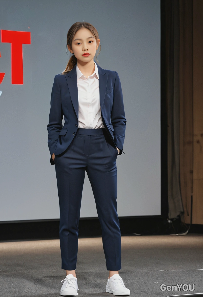 giving a TED talk, suit, sneakers, blurry background, hands in pockets