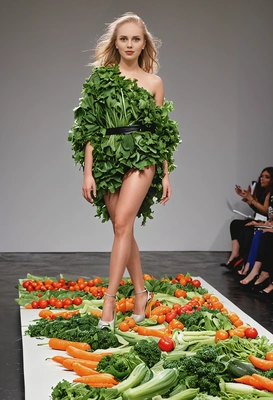 as a fashion model doing a catwalk on a runway, dressed in a wearable vegetables installation, natural wavy hair, high heels, dynamic pose
