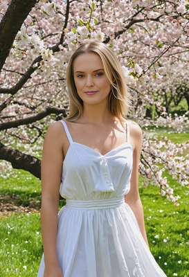 wearing a flowing white sundress, standing under a blooming cherry blossom tree, with petals gently falling in the soft spring breeze
