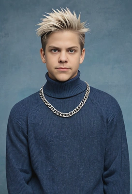 student with a spiky bleached hairstyle, in a baggy gray turtle-neck sweater and a chain necklace, against a classic blue yearbook background
