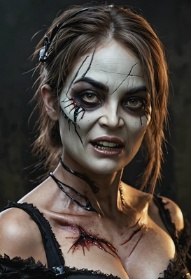 crooked revenant, a corporeal vengeful undead at a Halloween party, dynamic pose, dark blurred background, high-quality professional shot, eyes on you