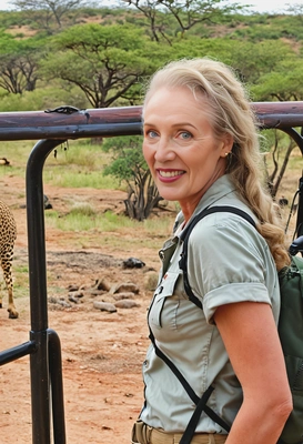 as a tourist observing wildlife through on an African safari, half body view 