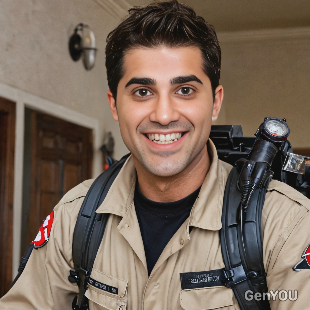 as a ghostbuster, smiling, in a haunted house 