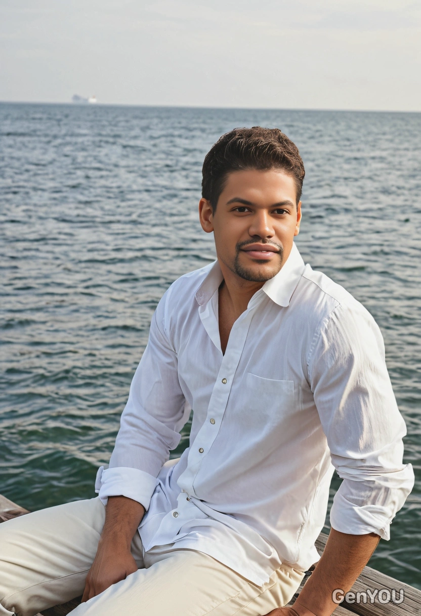 as a man in a loose white shirt and rolled-up pants, sitting on a dock by the sea, looking thoughtfully into the horizon