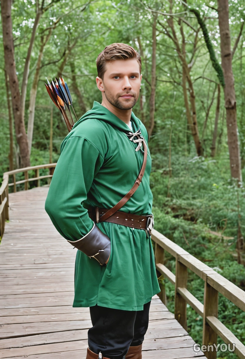 As Robin Hood, wearing a green tunic with arrow slung over his shoulder, standing atop a wooden bridge in the heart of Sherwood Forest