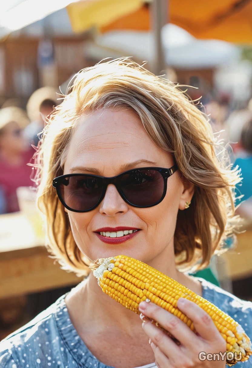 with a fried corn, at the fair, spring, bright sunlight, sunglasses, blurred background