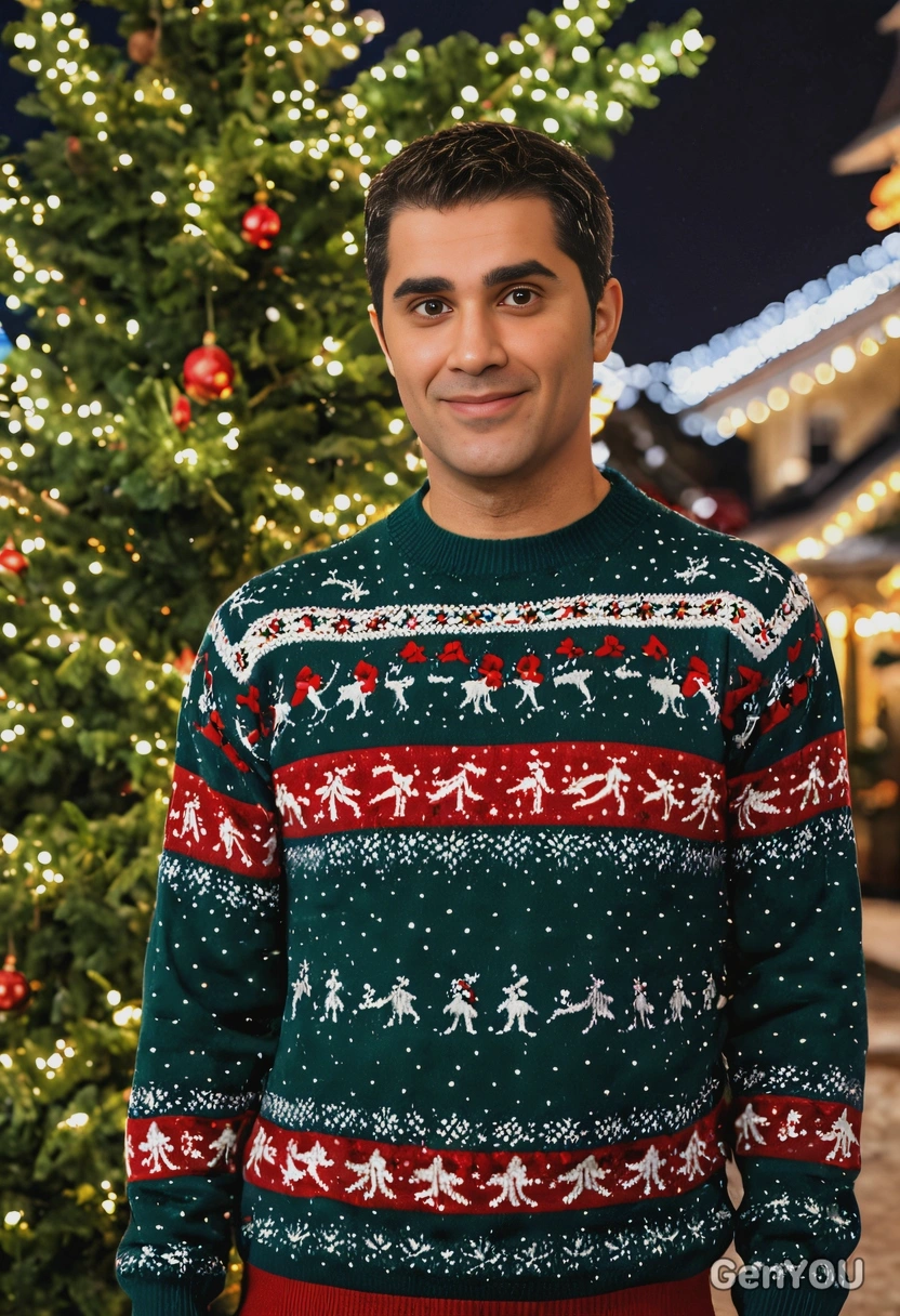 wearing a festive Christmas sweater, standing by a lit Christmas tree across in the winter night city 