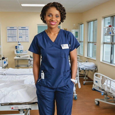 as a nurse, wearing scrubs and comfortable shoes, standing in a brightly lit hospital ward