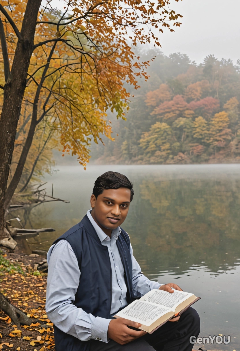 with a book by a foggy lake, surrounded by autumn trees