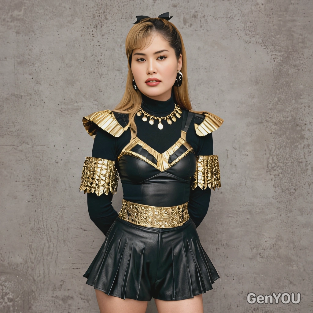 outfit inspired  by BLACKPINK's Lalisa, wearing a gold and black outfit with bold accessories, mid shot photo