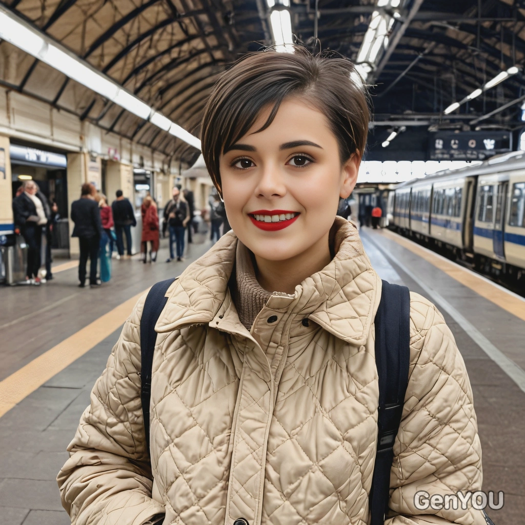 mid-shot, smiling, with a pixie cut, wearing a beige quilted jacket, in a  train station