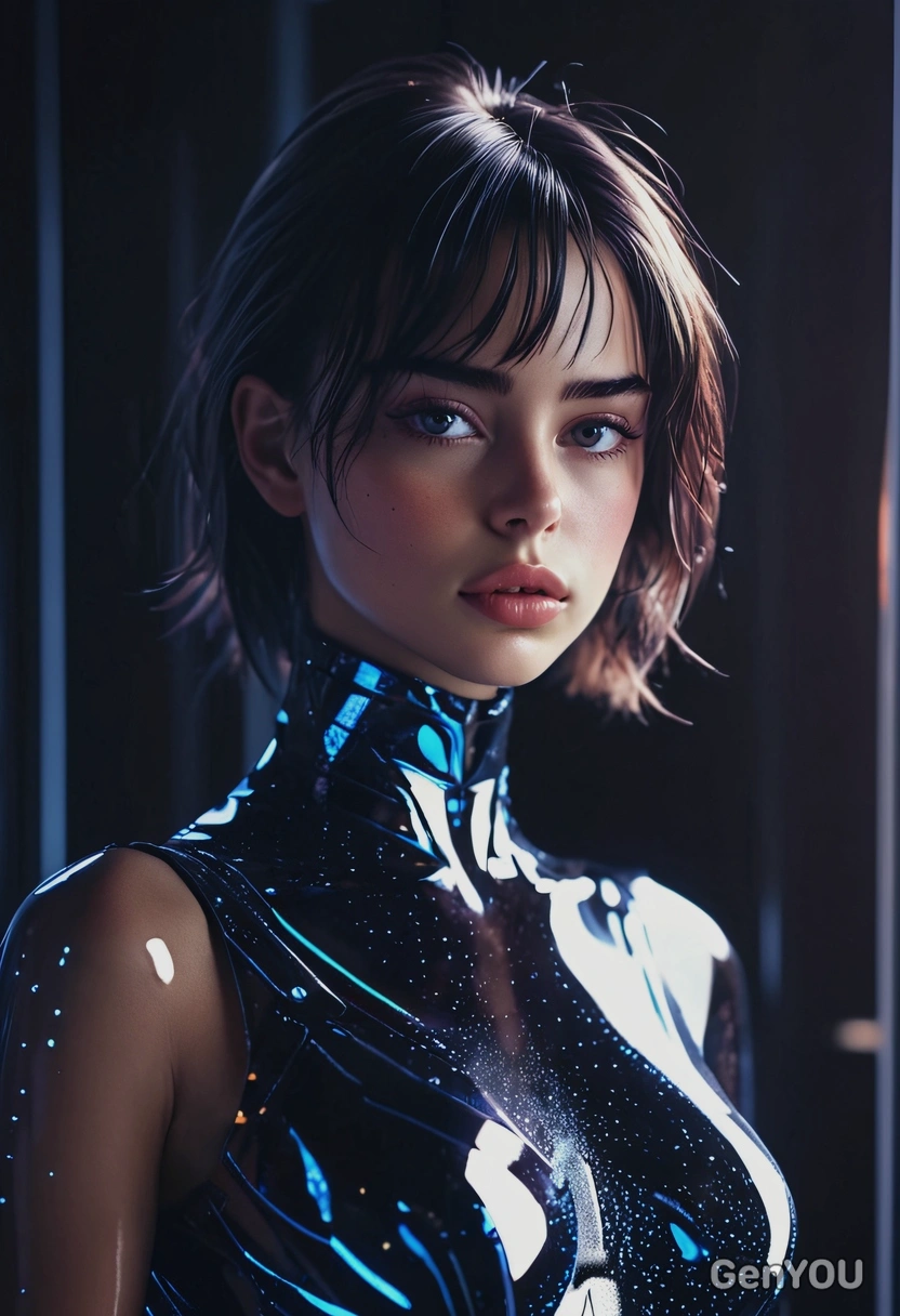 front-side silhouette of a flirty woman in futuristic glass dress, soft sensual vibe, mysterious mood, vignetting, Synthwave aesthetics, seductive eyes on viewer, as if generated by AI