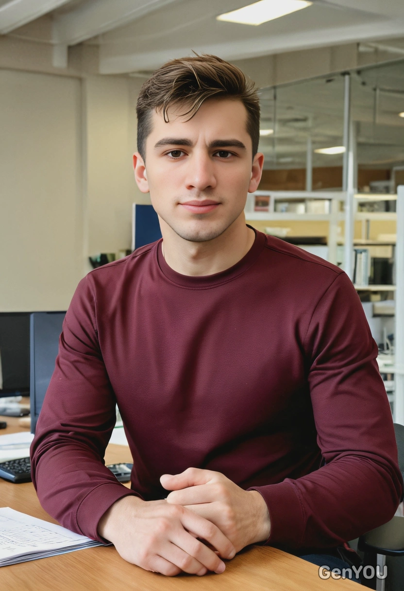 burgundy long sleeve, sitting at the office desk, looking to the left, blurry office background, sharp high-quality, midday indoor lighting