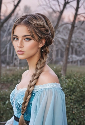 long, loose braid with an ethereal glow, inspired by Elsa from Frozen, soft focus, blurred background