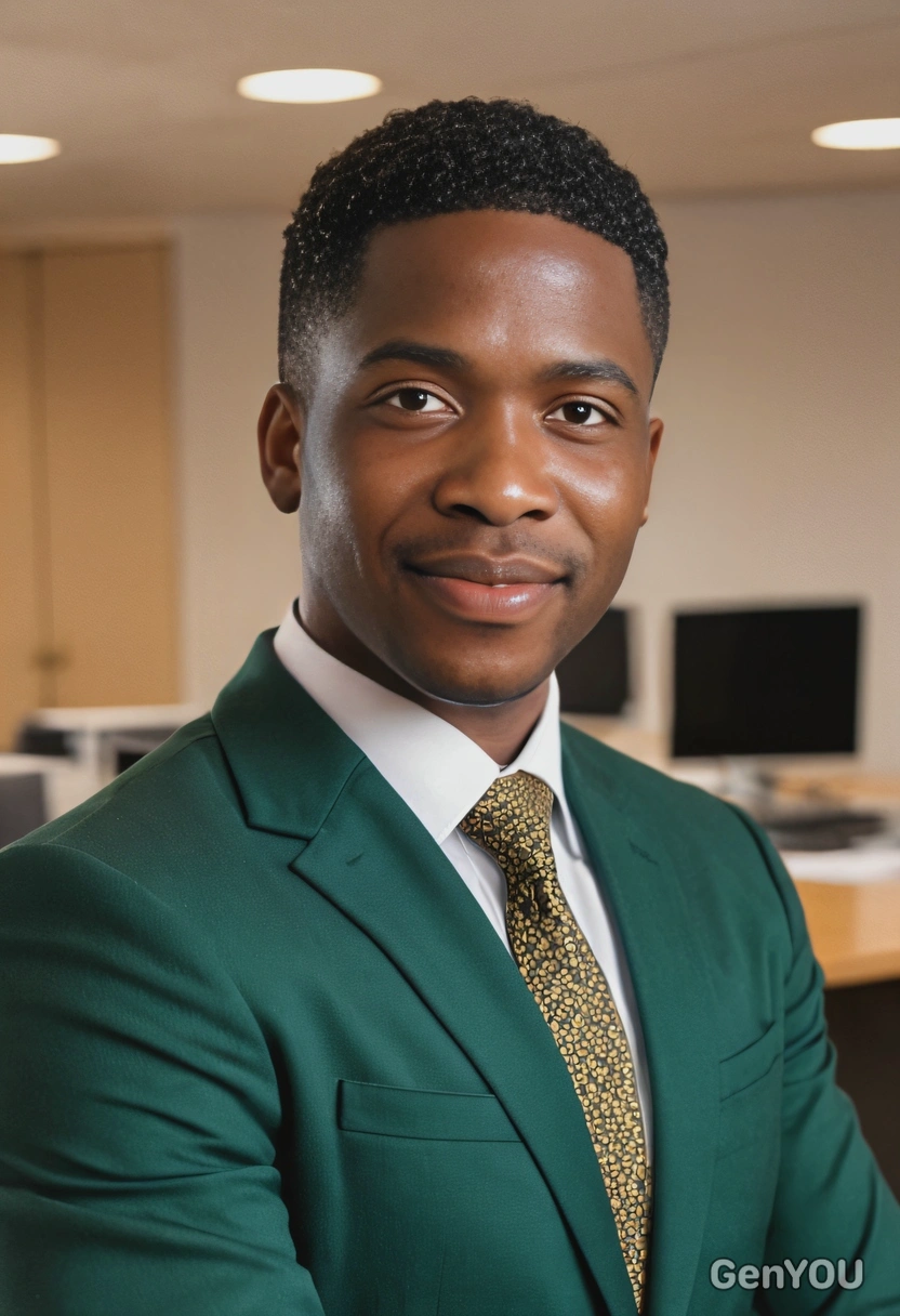 as boss, in a dark emerald office suit, relaxed pose, a closed soft smile, a close-up photo, blurry open-space office background, sharp focus on face, golden hour