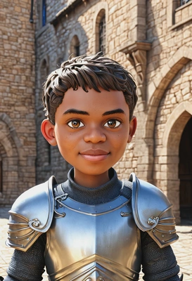 3D cartoon style, young male knight in shiny armor, oversized cartoon big sparkling eyes, waist-up pose, medieval courtyard background