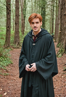as Ron Weasley, red-haired, wearing dark Hogwarts robes, in the Forbidden Forest
