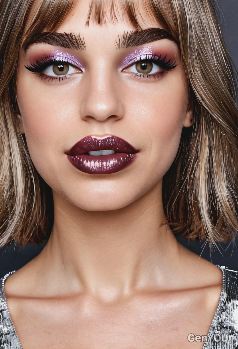 shimmering, metallic lips in vivid shades, professional makeup, bangs