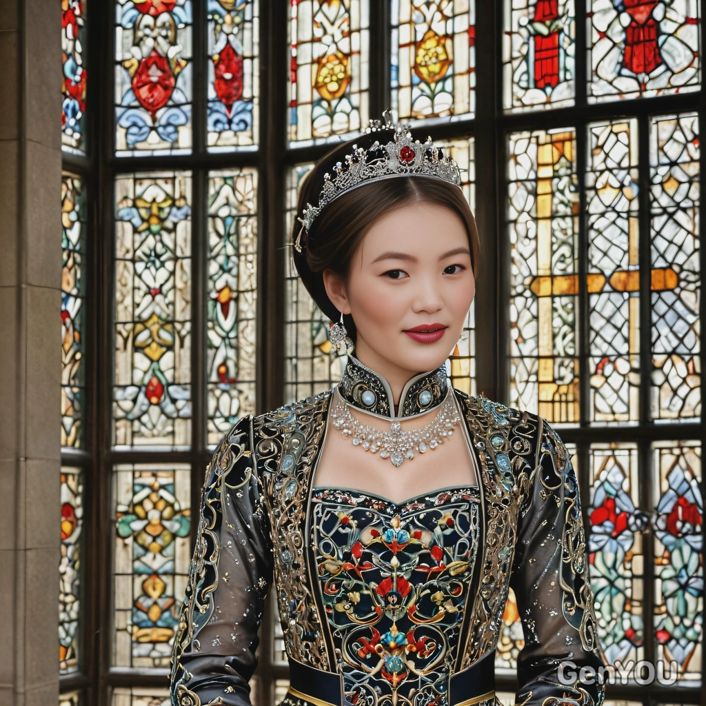 as a 16th-century Tudor courtier, dressed in an elaborately jeweled gown with a high collar, standing by a tall stained-glass window in a grand hall